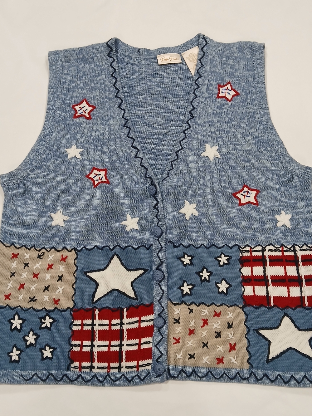 Vtg Bobbie Brooks L Patriotic Sweater Vest Red White Blue Grannycore Americana